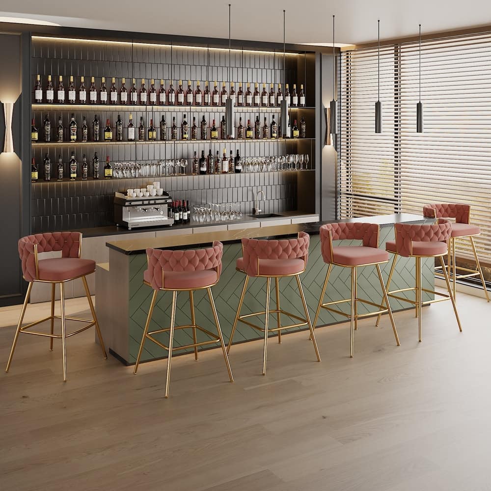 VECELO Counter Height Bar Stools with Woven Backrest 26.77" Seat Height Mid-Century Modern Upholstered Bar Chairs for Kitchen