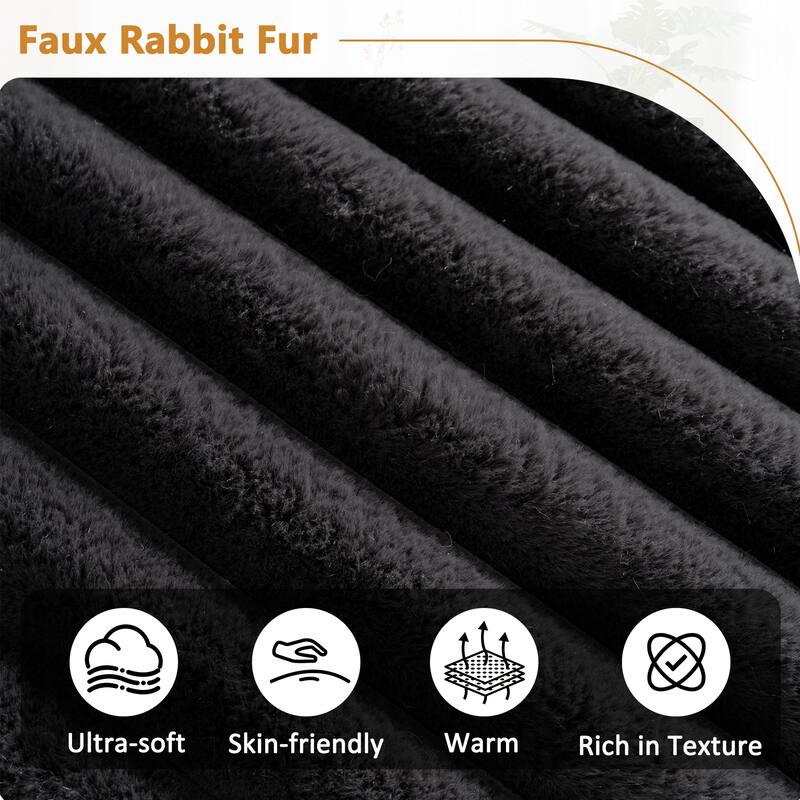 110" Black Faux Fur Sectional Sofa for Living Room, 2 Throw Pillows