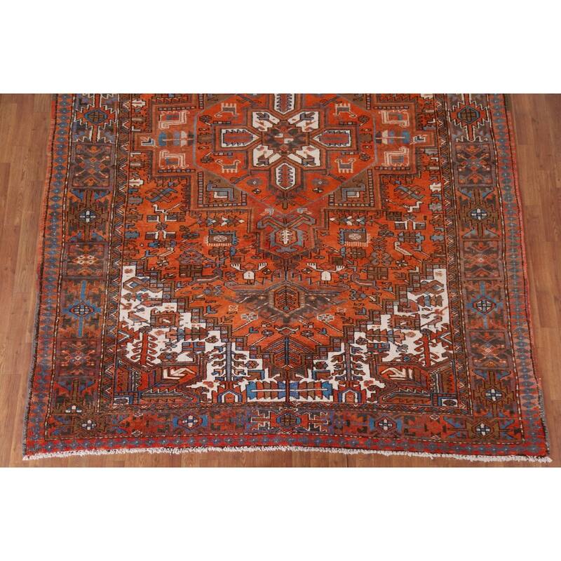 Hand Knotted Oriental 100% Wool Carpet Traditional Medallion Oranges & Rust Heriz Area Rug - 11' 4'' X 7' 11''
