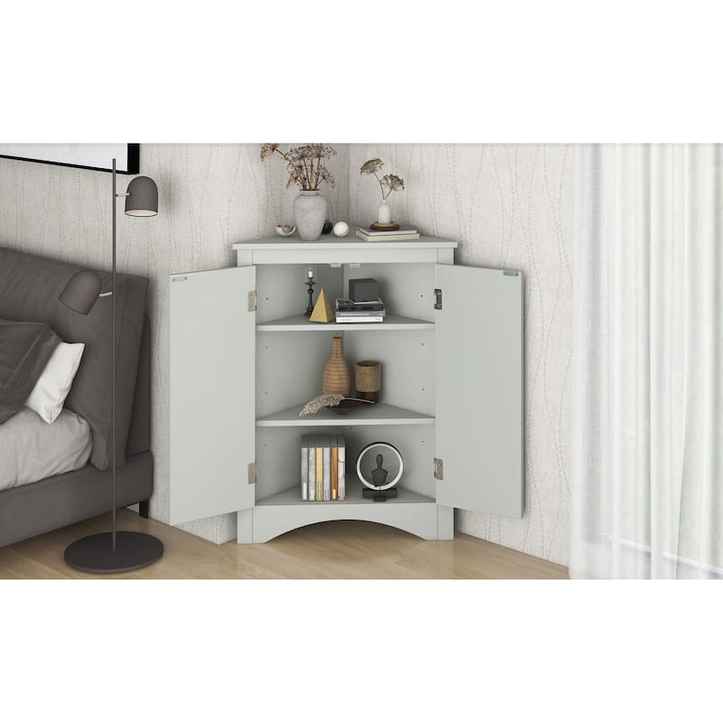Grey Triangle Bathroom Storage Cabinet with Adjustable Shelves, Corner Cabinet Medicine Cabinet with 2 Doors