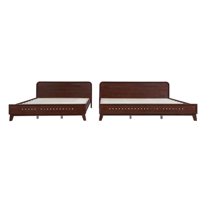 Rustic Pine Wood Bed Frame Low-Profile Platform Bed with Panel Headboard Solid Wood Slat Support and Extra Wide Thickened Legs