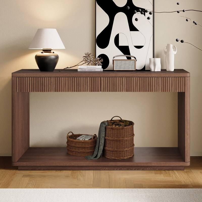 Modern 60-Inch Fluted Console Table with 2 Drawers for Living Room and Hallway Furniture Storage - Walnut