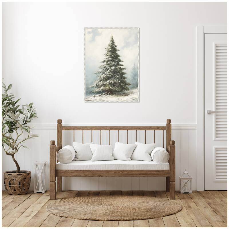 Kate and Laurel Sylvie Beaded Snow Covered Evergreen Fir Tree Framed Canvas by The Creative Bunch Studio