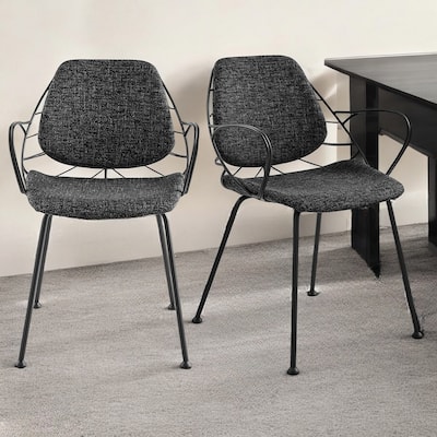 Set of Two Leaf Dark Gray Fabric and Black Dining Armchairs