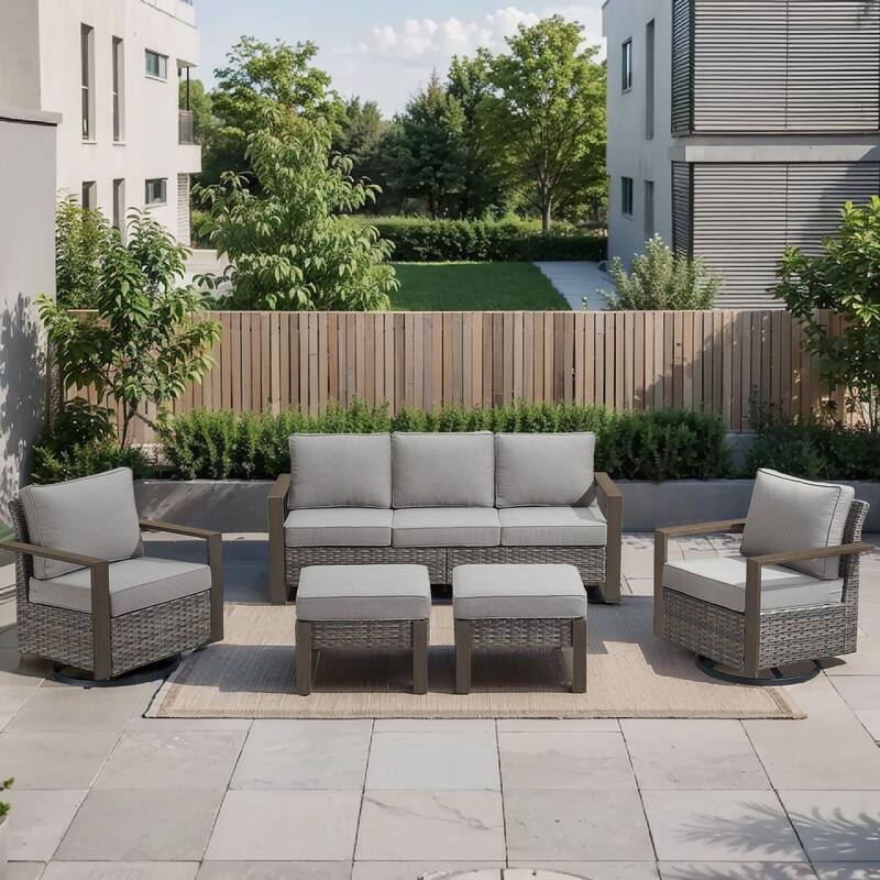 Pocassy Outdoor Sofa, Swivel Chair, Patio Chair Ottoman Set - 5 Pieces Sofa Swivel Chairs w/ Ottoman - Grey Wicker Gray Cushion