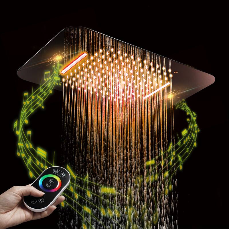 23 inch 64 LED color light rainfall waterfall head 4 way thermostatic shower system matte black with 6 inch head - 7'6" x 10'9"