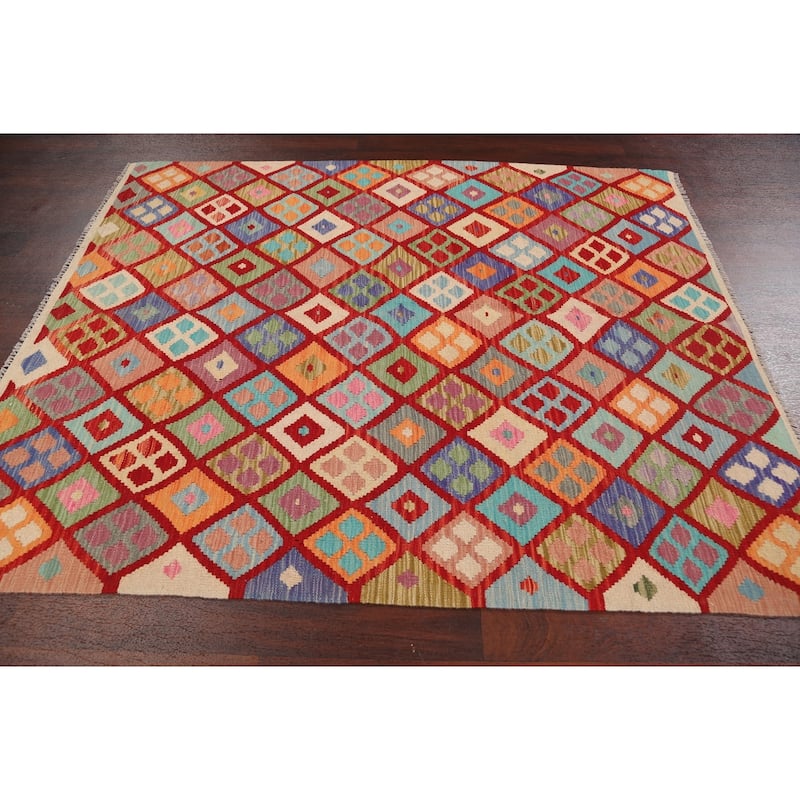 Geometric Kilim Oriental Home Decor Area Rug Wool Hand-woven - 5'2" x 6'4"
