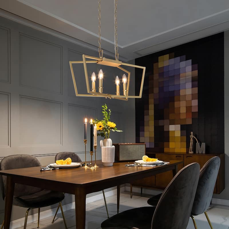 Rella Modern Gold 4-Light Cage Chandelier Candle Linear Lantern Kitchen Island Hanging Lights - L21"xW7"xH12.5"