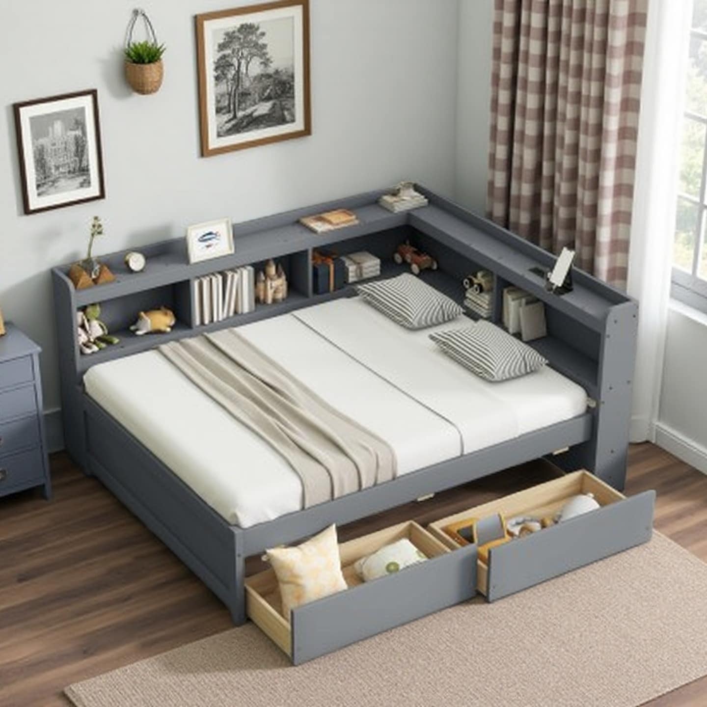 Full Size Bed with L-Shaped Bookcases, Built-In USB & Power Outlets, Two Pull-Out Storage Drawers, Space-Saving