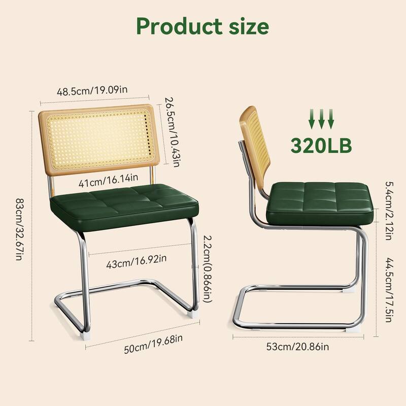 Natural Rattan Dining Chairs Set of 4, Mid Century Breuer Design Inspired, Upholstered Faux Leather