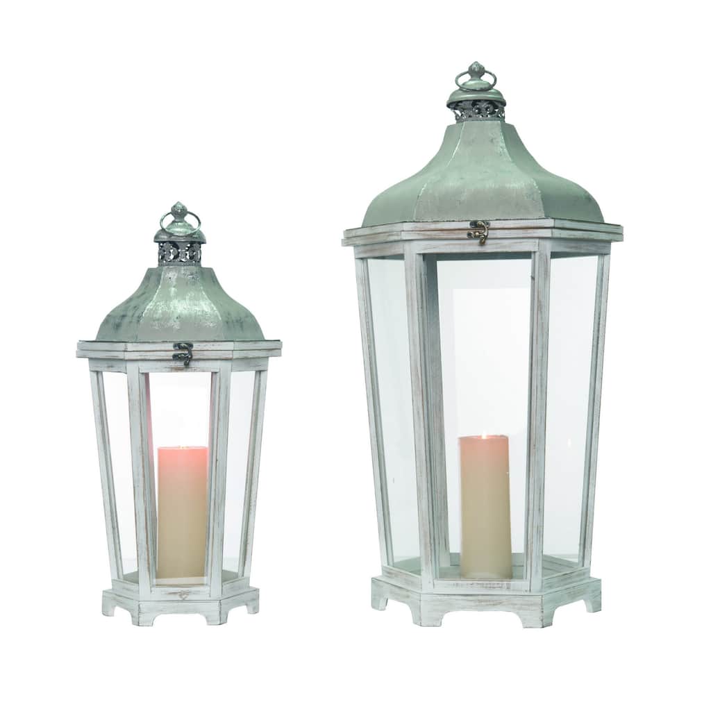 Transpac Wood 31.25 in. Gray Spring Nesting Rustic Lanterns Set of 2