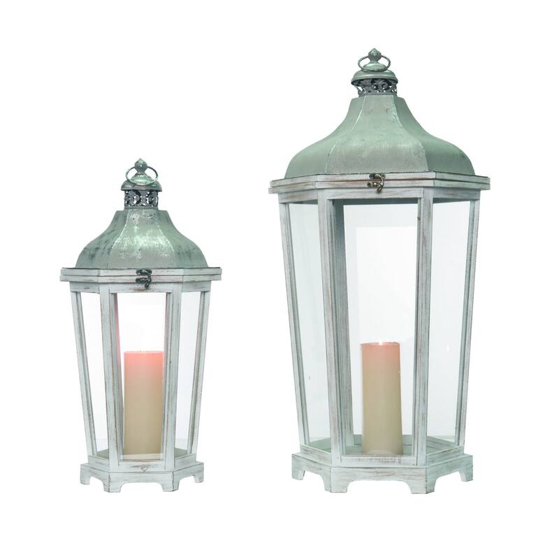 Transpac Wood 31.25 in. Gray Spring Nesting Rustic Lanterns Set of 2