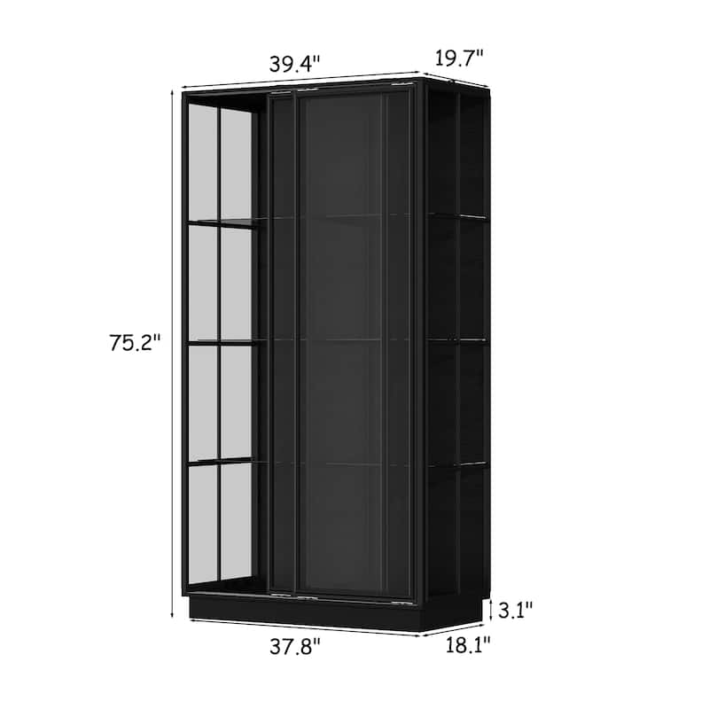 Modern Black Display Cabinet with Glass Doors, 75” Tall Curio Cabinet with Tempered Glass Shelves Bookshelves LED Light