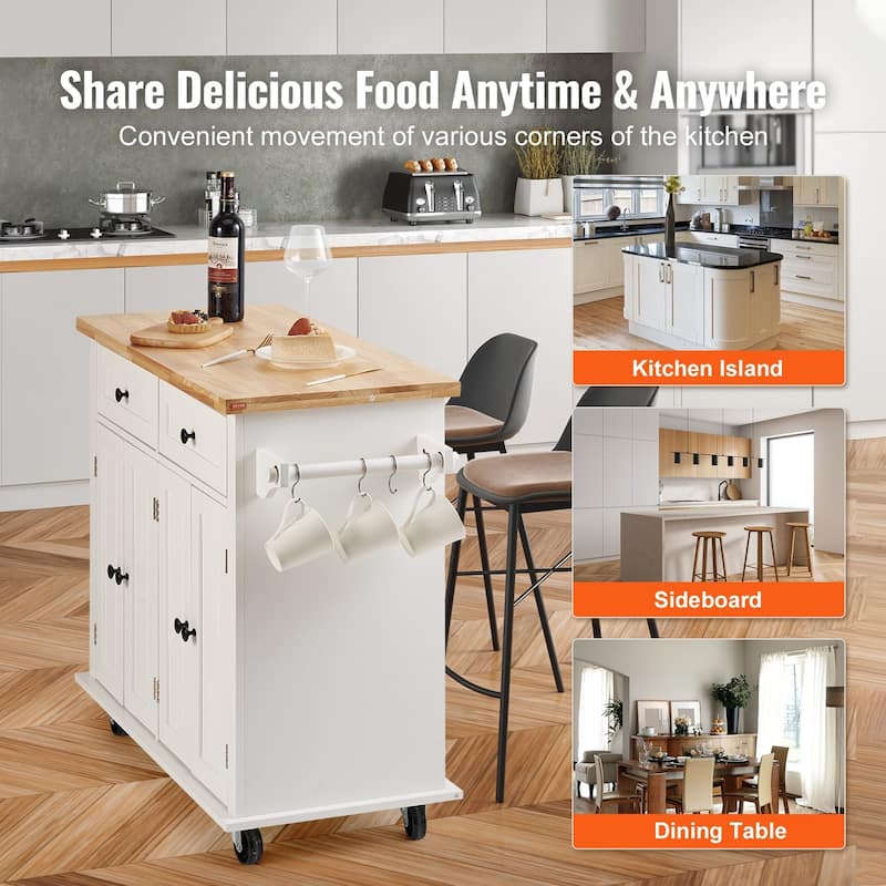 Modern Kitchen Island Portable Kitchen Island with 2 Drawers, Storage Cabinet, Spice Rack and Towel Rack, for Kitchen