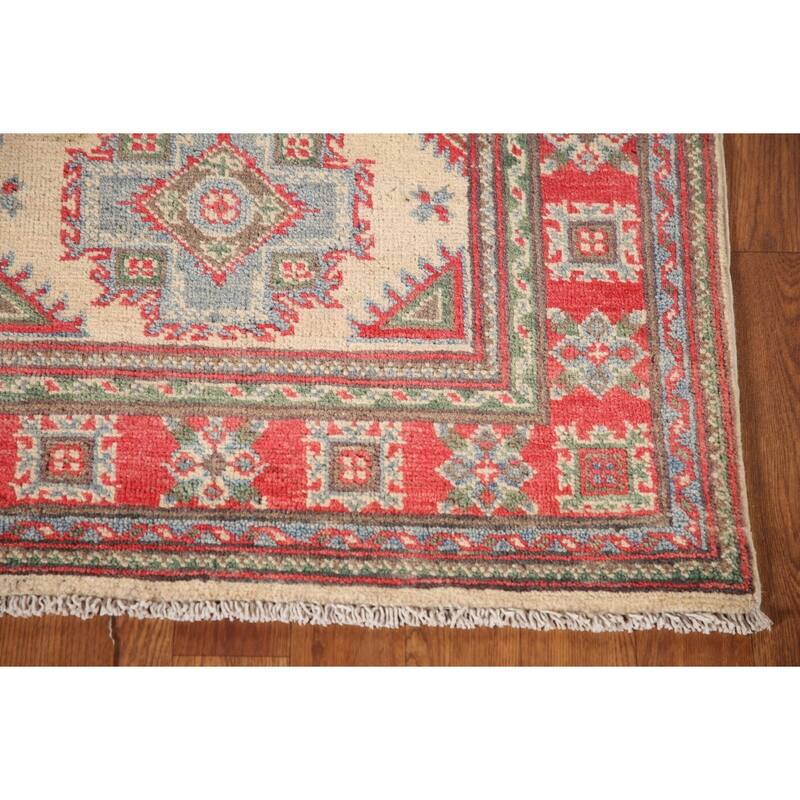 Geometric Kazak Accent Rug Handmade Oriental Beige Wool Carpet - 2'9"x 4'0"