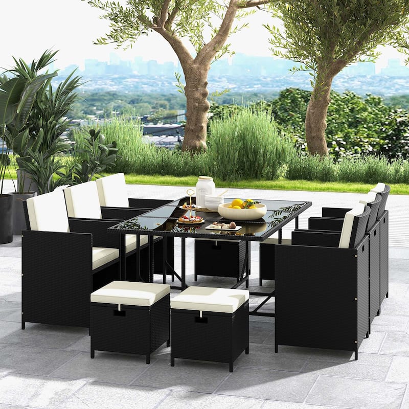 11PCS Patio Dining Set Wicker Chairs & Dining Table Set w/ Ottomans