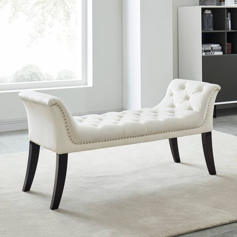 Velci-Velvet Tufted Bench with Stud Detail - Ivory