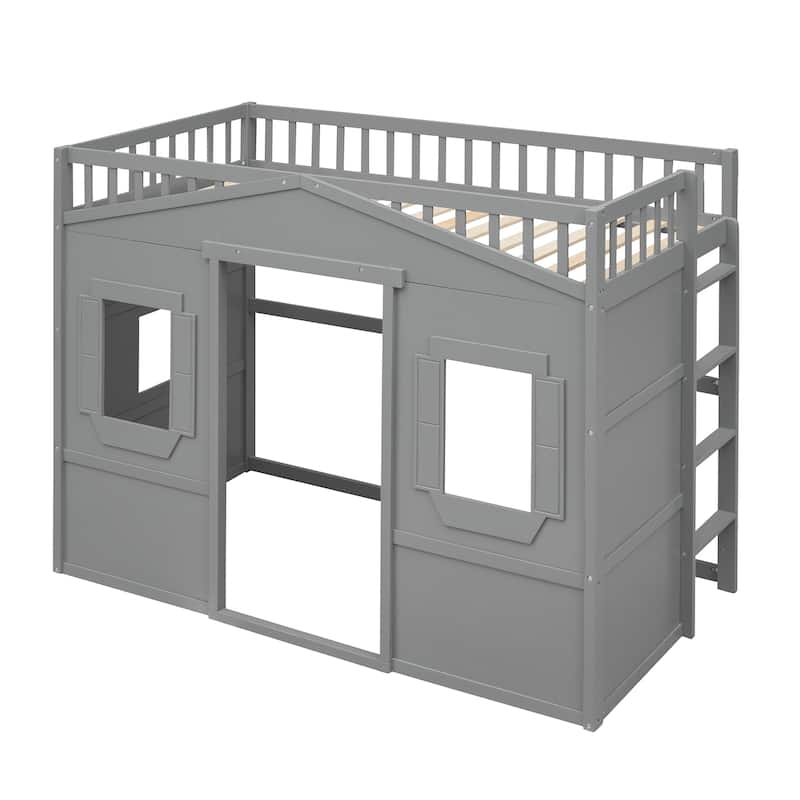 Gray Castle Style Solid Pine Wood Loft Bed with Ladder and Guard Rails