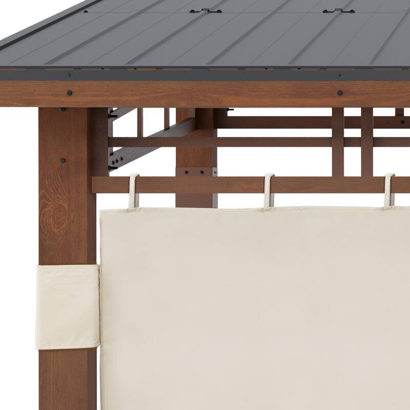 12x14 ft Outdoor Pavilion Wooden Gazebo with Hardtop Metal Roof Shelter for Patio, Backyard, Garden