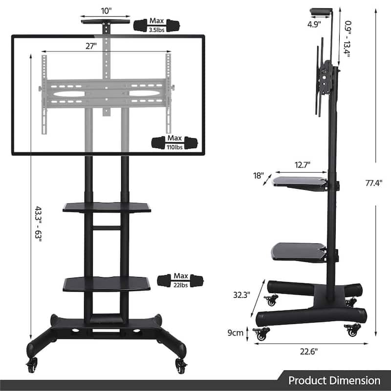 Yaheetech Adjustable Mobile TV Stand for 32-65in LCD/LED Flat Screens