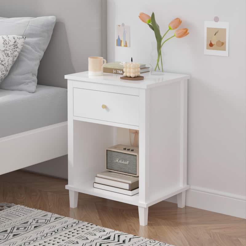 Anmytek White Nightstand with Drawer and Shelf Farmhouse Modern Bedside Table
