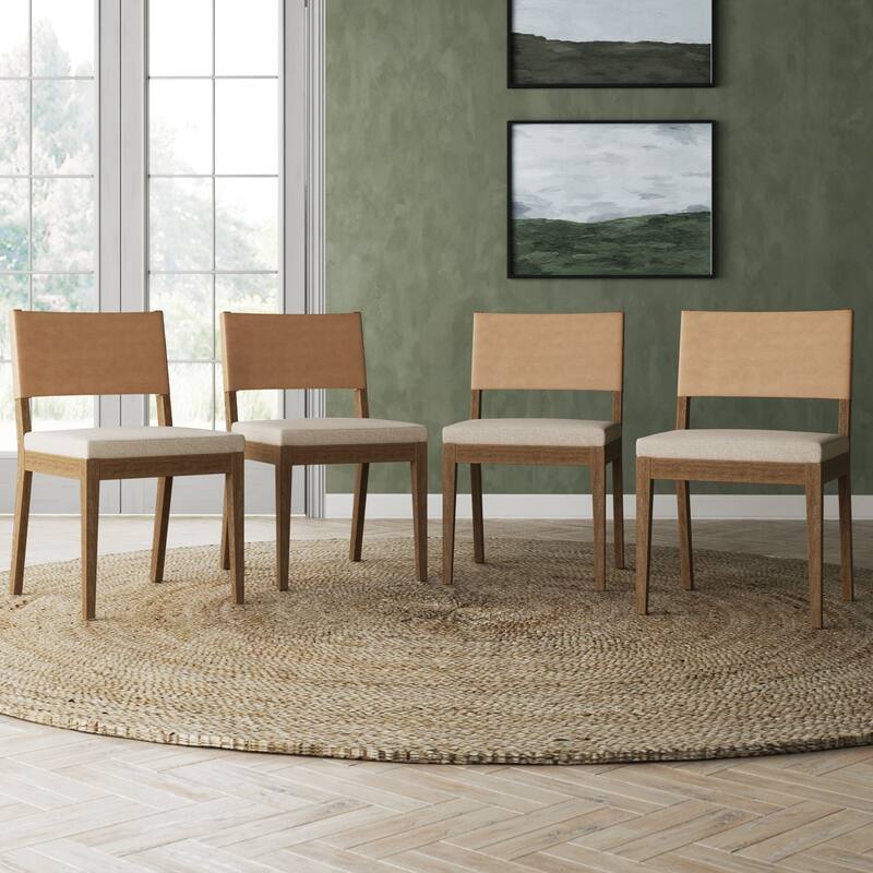 Linus Modern Upholstered Dining Chair, Solid Rubberwood Legs - Set of 4 - Flax/Light Brown