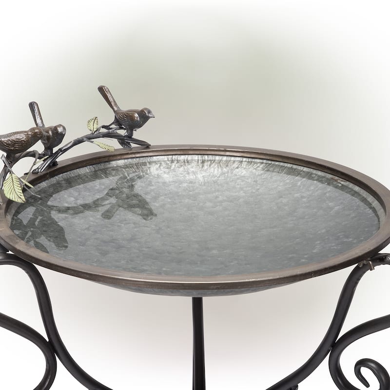 Alpine Corporation 35" Tall Outdoor Antique Style Galvanized Metal Birdbath Bowl with Bird Figurines