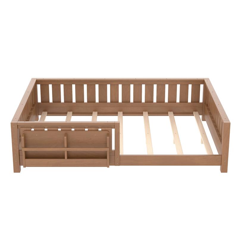 Montessori Floor Bed Low Profile Kids Bed with Rails & Bookshelf
