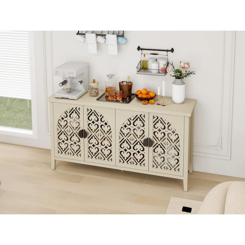 Symmetrical Carved Buffet, Storage Cabinet with Adjustable Shelves, Hollowed-out Accent Cabinet with Wood Feet