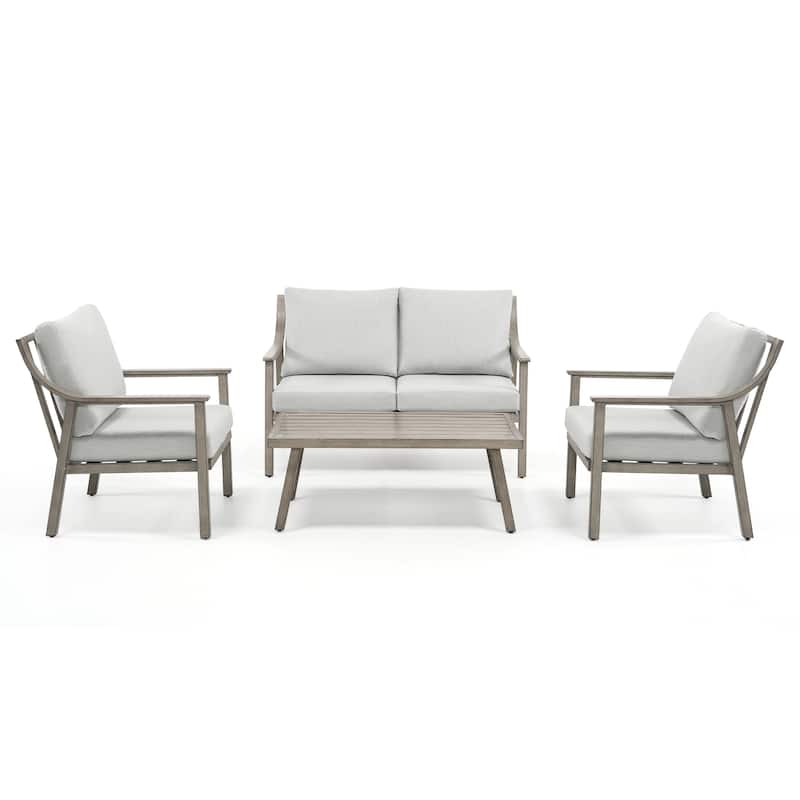 4-Piece Aluminum Patio Conversation Set with End Table and Cushions - Grey