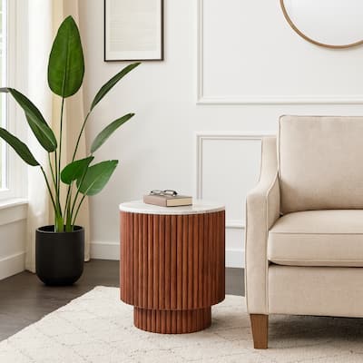 Mango Wood Marble Accent Table Marble Top Fluted Base - 20" Ivory - 16" x 16" x 20"