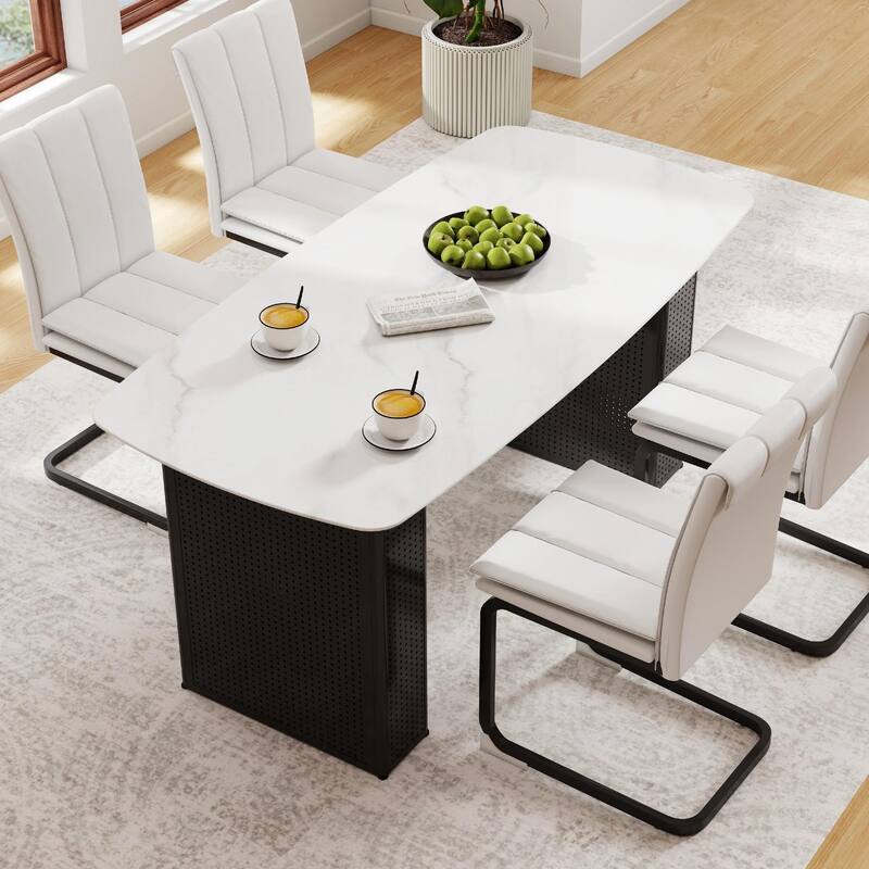 Modern Rectangular Tempered Glass Dining Table, Marble-Patterned Design with Black Dual-Pedestal Metal Base for Dining Room