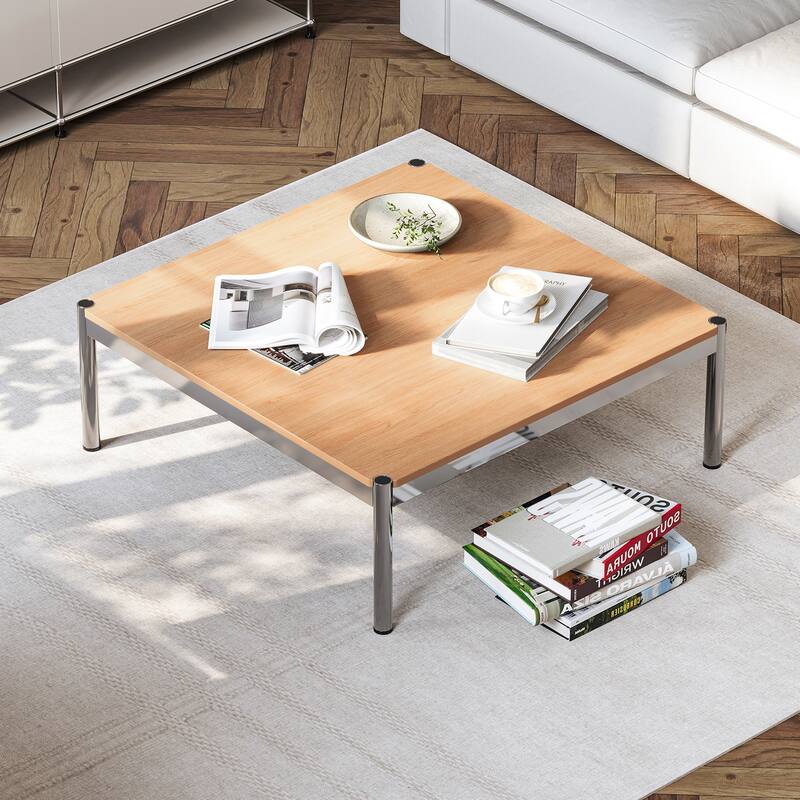 39inch Coffee Table Square Tea Table Polished Stainless Steel - Brown
