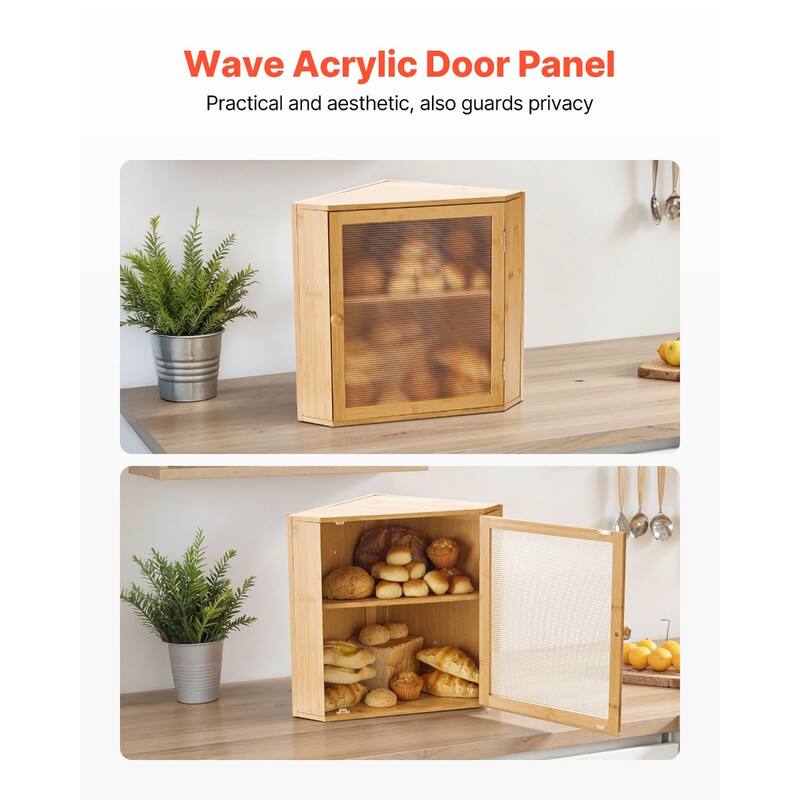 2-Tier Natural Wicker Wood Corner Bread Box for Kitchen Counter with Acrylic Door Flat Top Surface - 12.60” x 12.60” x 16.73”