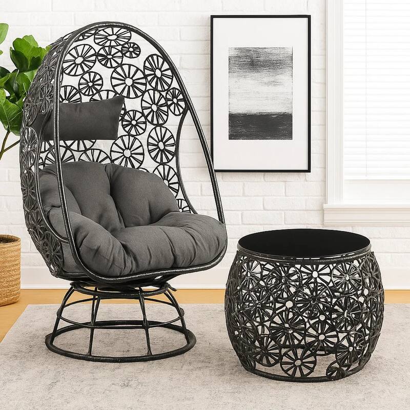 2 Piece Patio Lounge Chair with Open Circular Motifs, Black