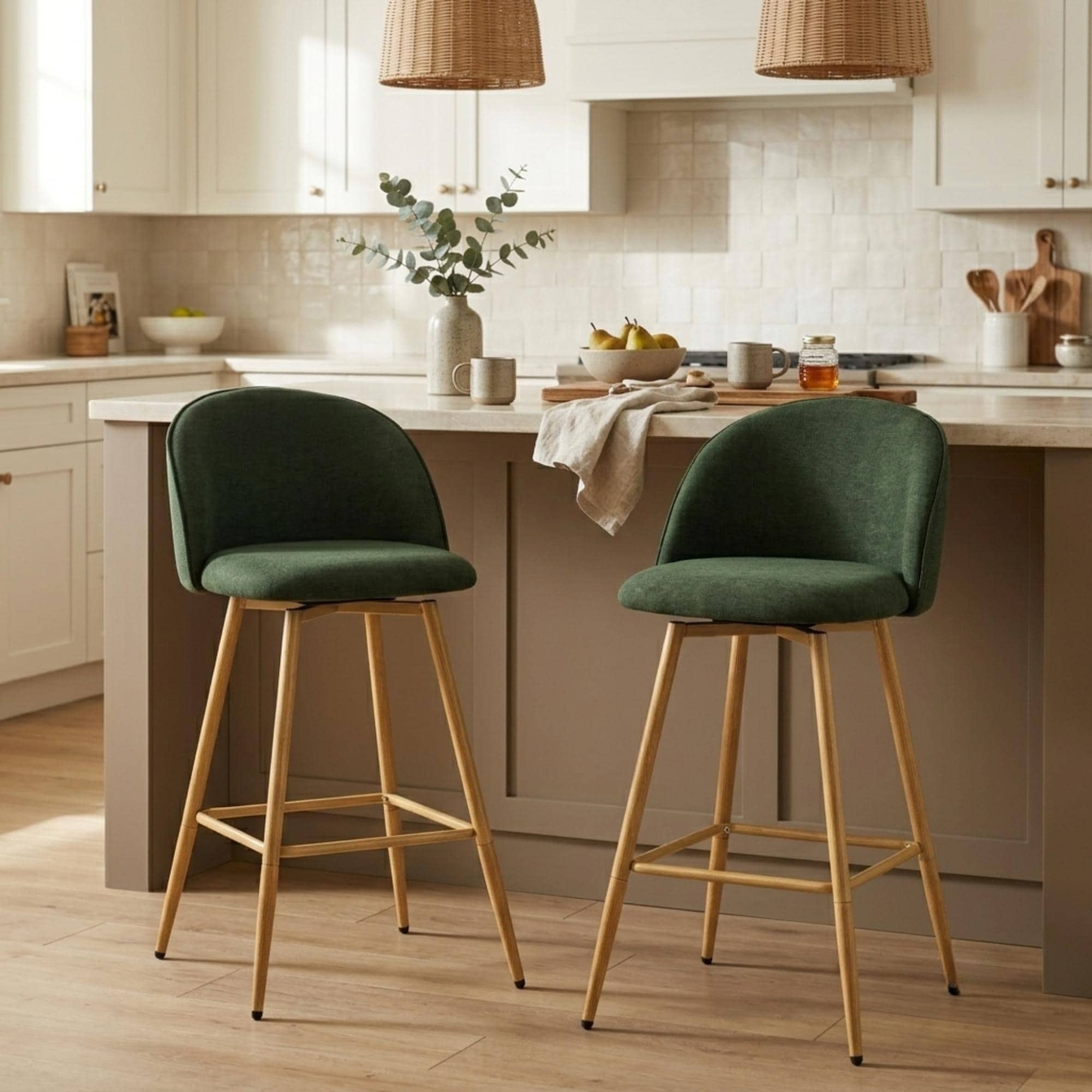 FurnitureR 2PCS Upholstered Swivel Counter Stools with Curved Backs and Metal Legs.