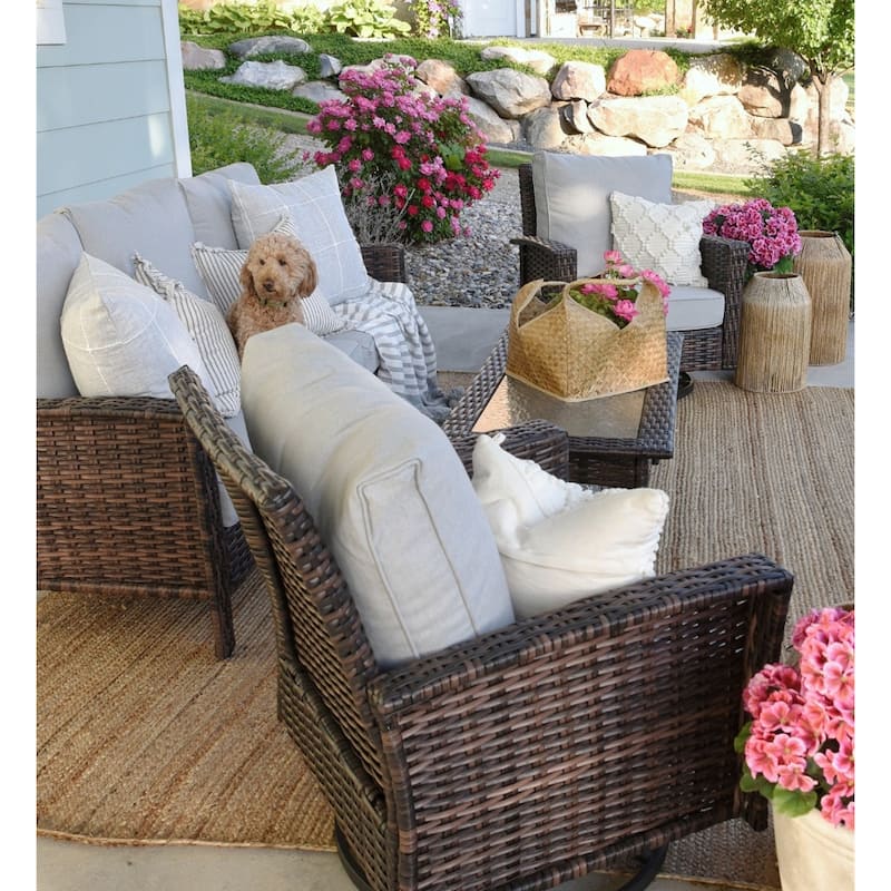 MAISON ARTS Extra-Large Patio Wicker Sofa Conversation Set with Coffee Table, Oversize Seat with 5.5'' Thick Padded Cushion - 5 Seats + 47'' Table - Grey