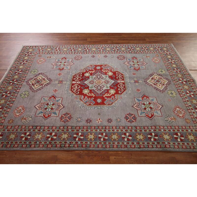 Traditional Kazak Oriental Area Rug Handmade Grey Wool Carpet - 5'7" x 7'11"