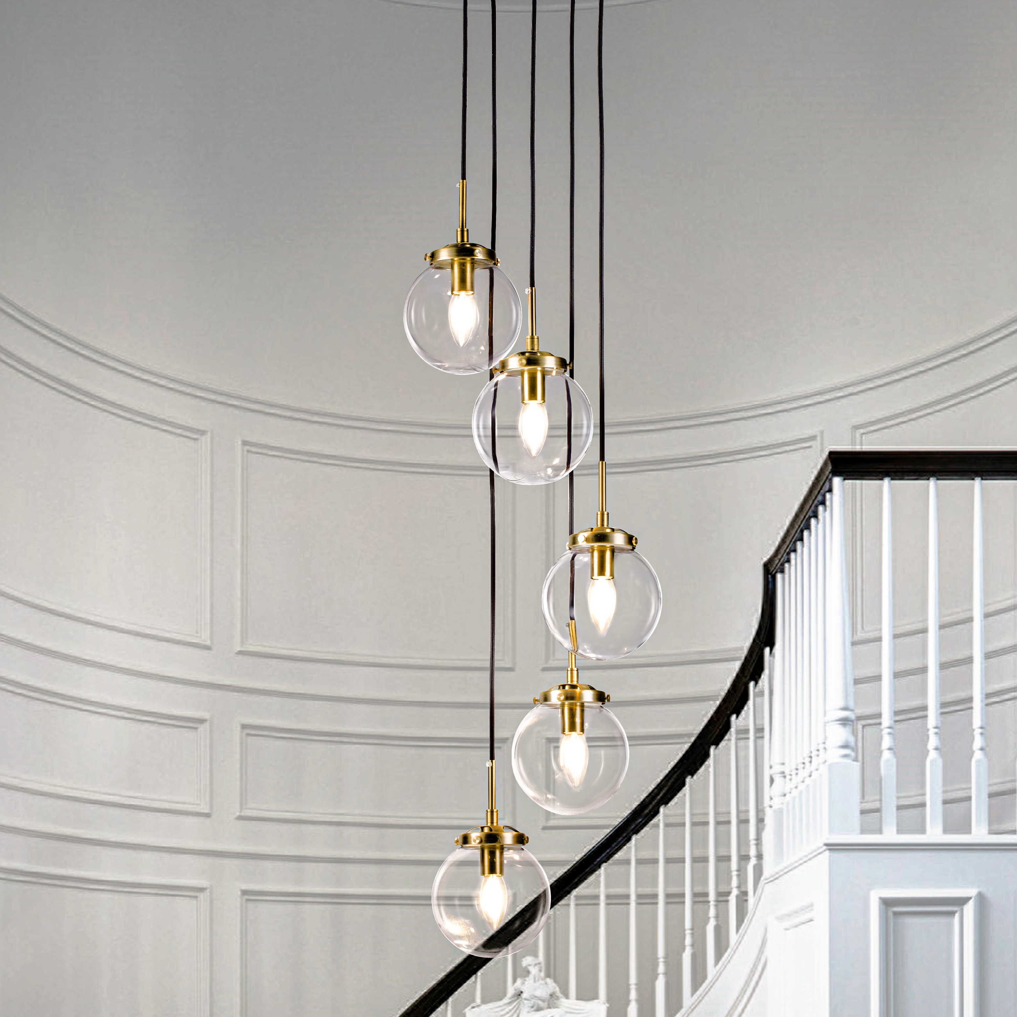 Modern Staircase Globe Bubble Glass Linear Chandelier 5 Lights Corner Pendant Light H 59