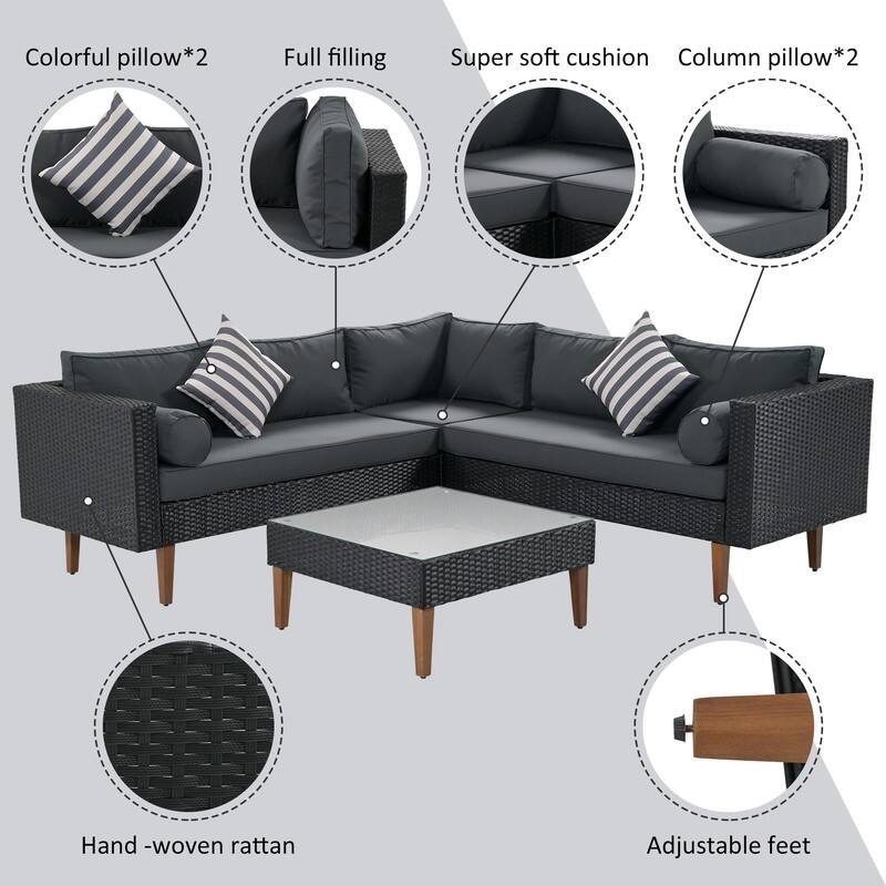 4-pieces L-shape Wicker Sofa Set with Colorful Pillows