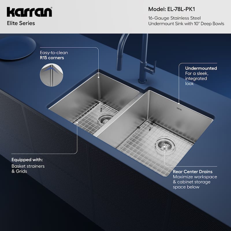 Karran Elite Undermount Stainless Steel 33 in. 16-Gauge Double Bowl KItchen Sink Kit