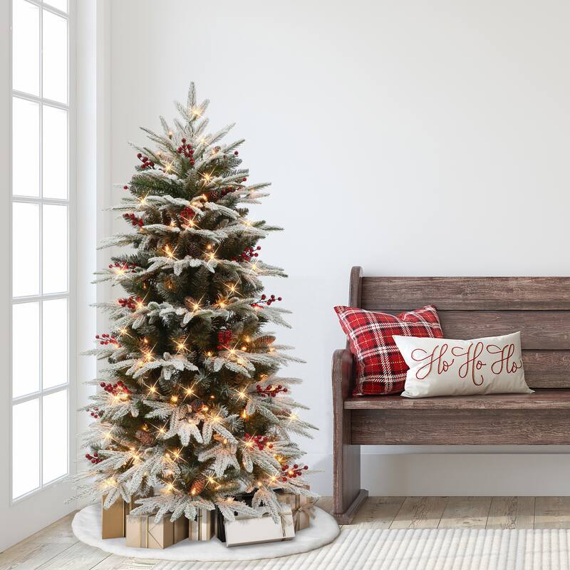 Puleo International 4.5 ft. Pre-lit Slim Flocked Halifax Fir Artificial Christmas Tree