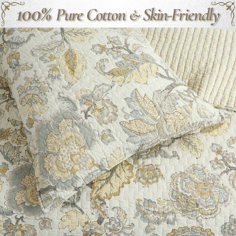 Cozy Line Autumn Floral Foliage Brown Beige Gold Cotton Queen 3 Piece Quilt Bedding Set