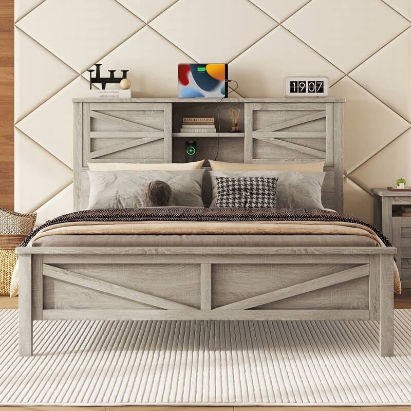 Farmhouse Platform Bed with Double Sliding Barn Door, Full/Queen Size Rustic Bed Frame with Charging Station, Wood Slats Support