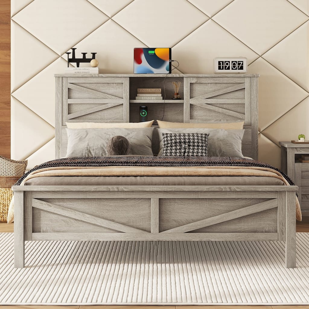 Farmhouse Platform Bed with Double Sliding Barn Door, Queen Size Rustic Wood Bed with Charging Station, Wood Slats Support
