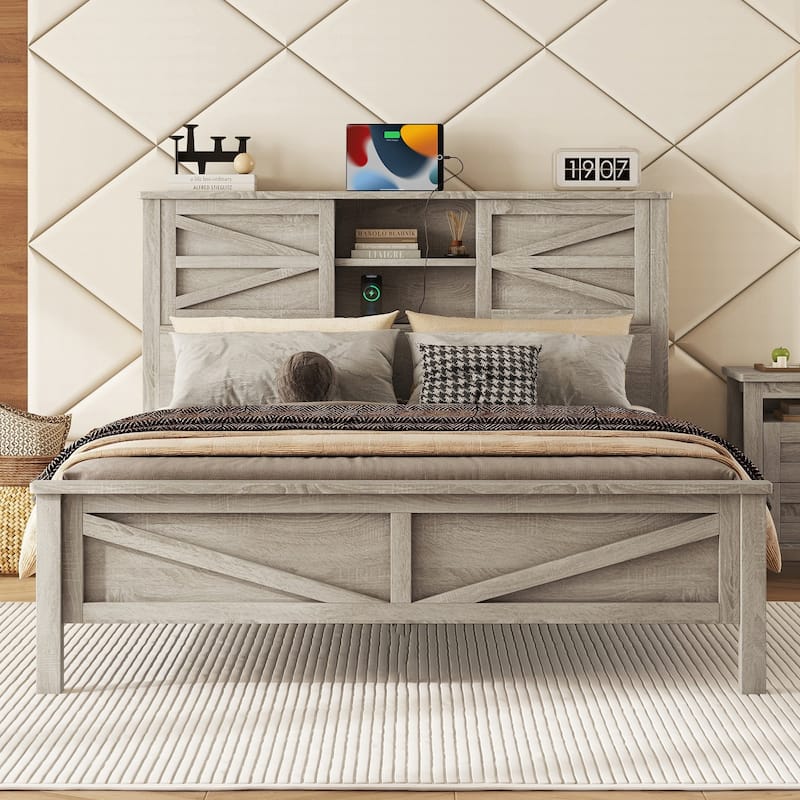 Full/Queen Farmhouse Platform Bed with Sliding Barn Doors & USB Charging Station - Rustic Wood
