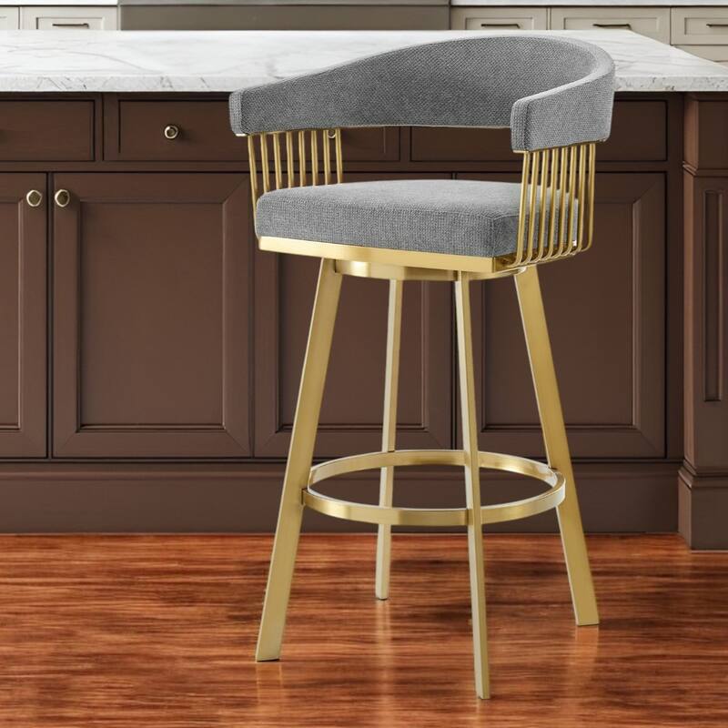 HomeRoots 26" Gray and Gold Fabric and Stainless Steel Low Back Counter Height Swivel Bar Chair - Counter Height - Single - Gray