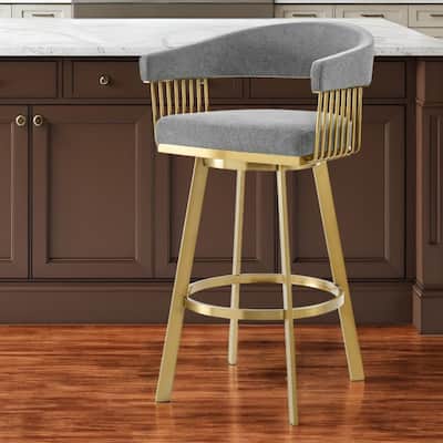 HomeRoots 26" Gray and Gold Fabric and Stainless Steel Low Back Counter Height Swivel Bar Chair