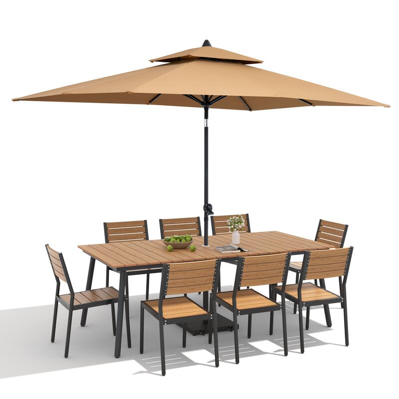 11-Piece Outdoor Dining Set Aluminum Table and 8 Stackable Chairs w/ 10 ft Umbrella and Base Stand