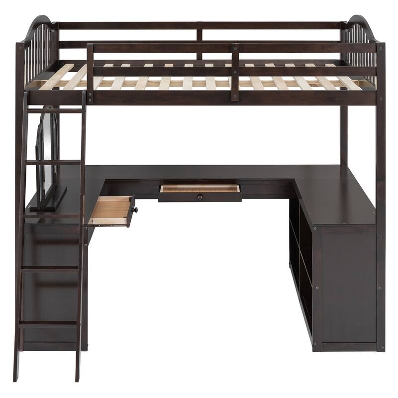 Full Size Wooden Loft Bed with U-Shaped Desk, Tri-Fold Mirror & Storage Compartments, Space-Saving Design